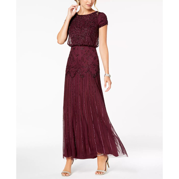 ADRIANNA PAPELL Beaded Short-Sleeve Sheer-Overlay Gown | 4 - Picture 3 of 5